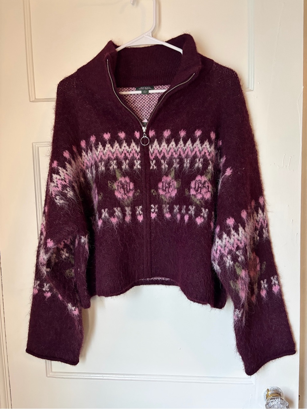 wild fable Maroon Floral Zip-Front Turtleneck Sweater